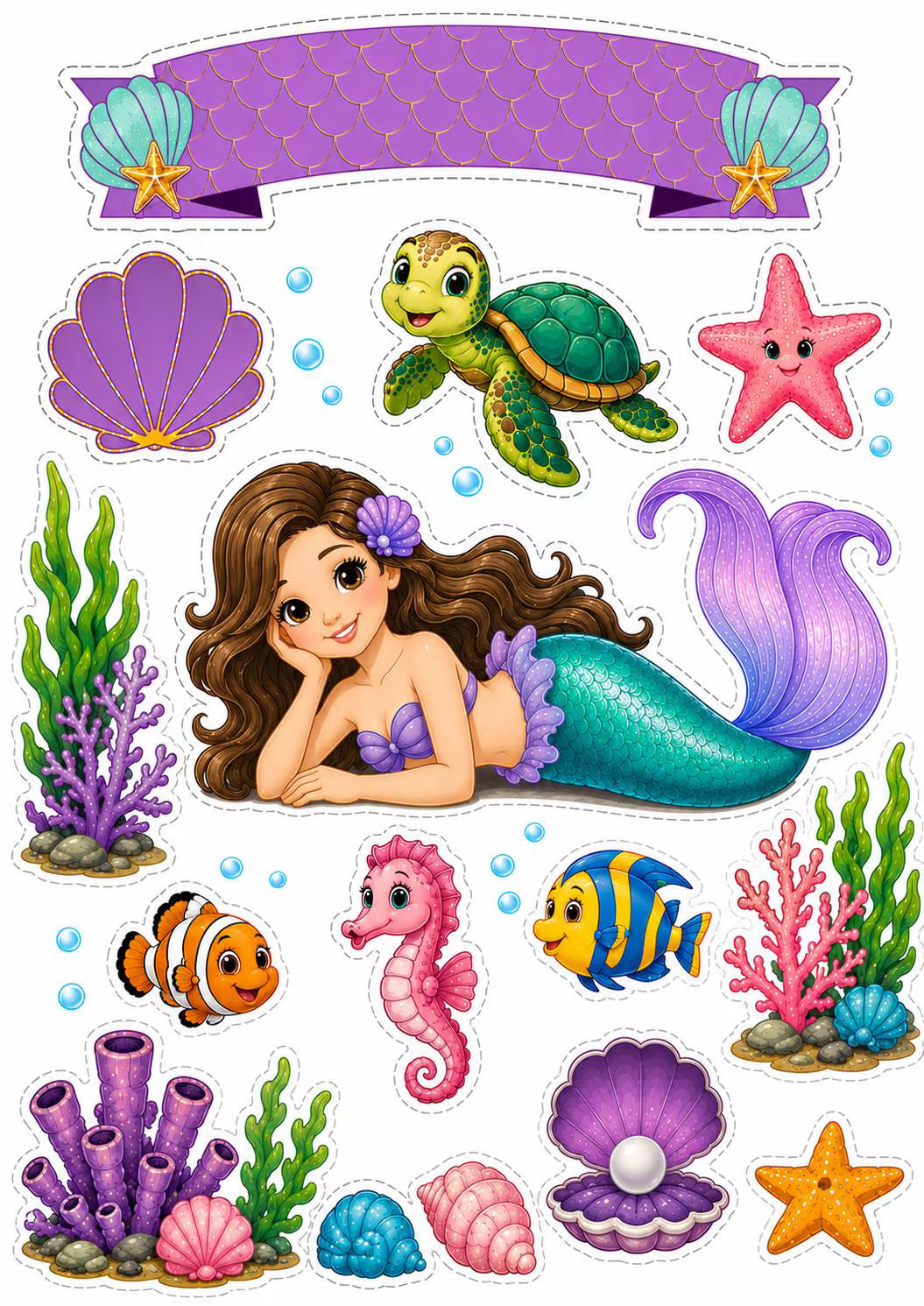 Mermaid edible cake topper design 19, available in wafer paper or icing sheet.