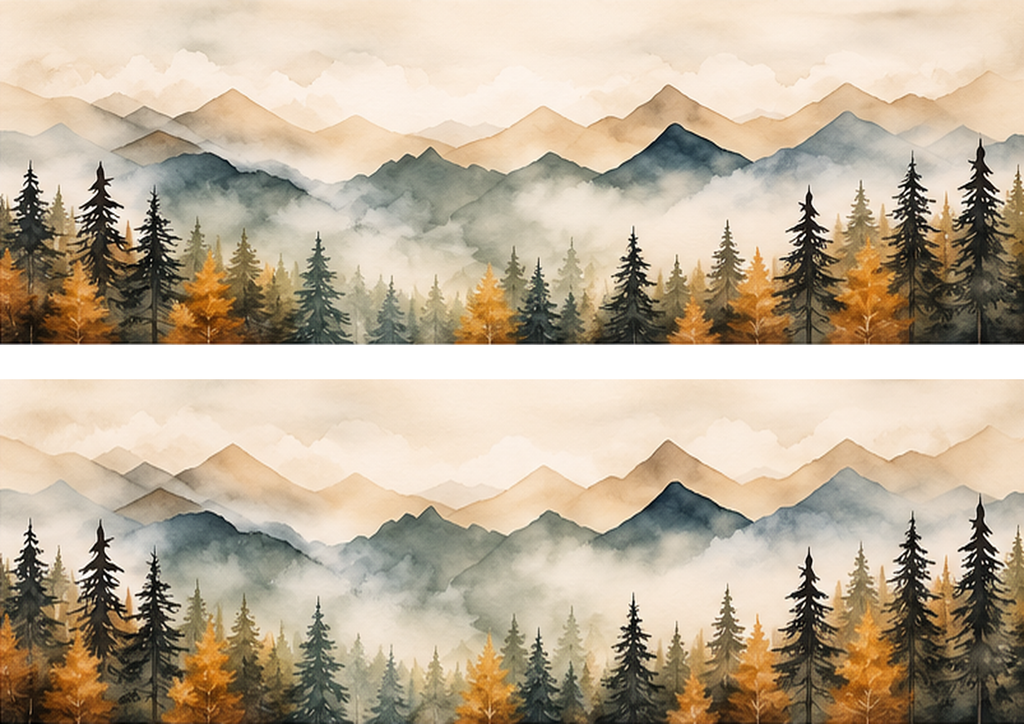 Design 1 two panoramic watercolor mountain forest edible cake wrap strips on A4 landscape