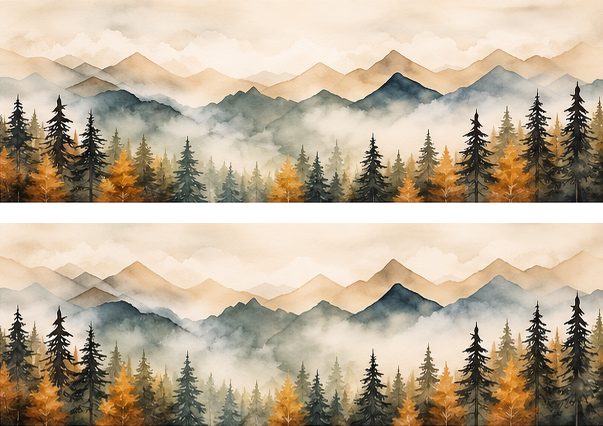 Design 1 two panoramic watercolor mountain forest edible cake wrap strips on A4 landscape