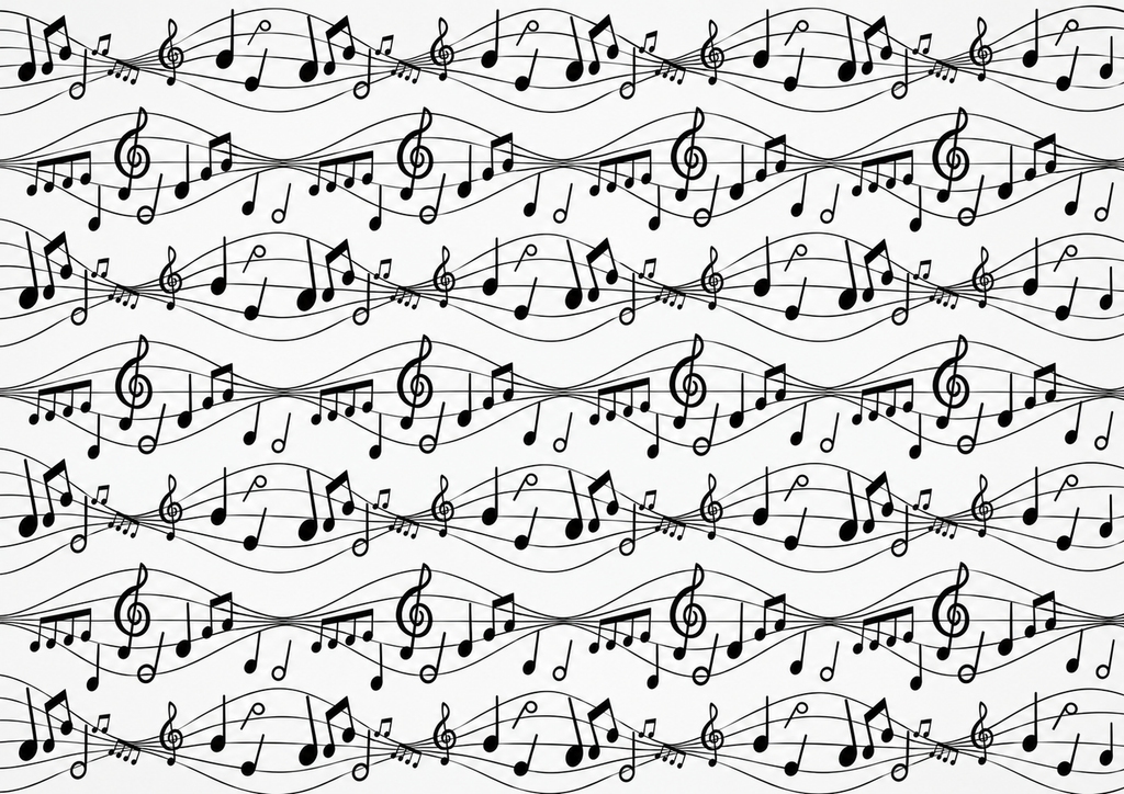Design 2 full A4 black and white musical notes cake wrap pattern with treble clefs and wavy staff lines