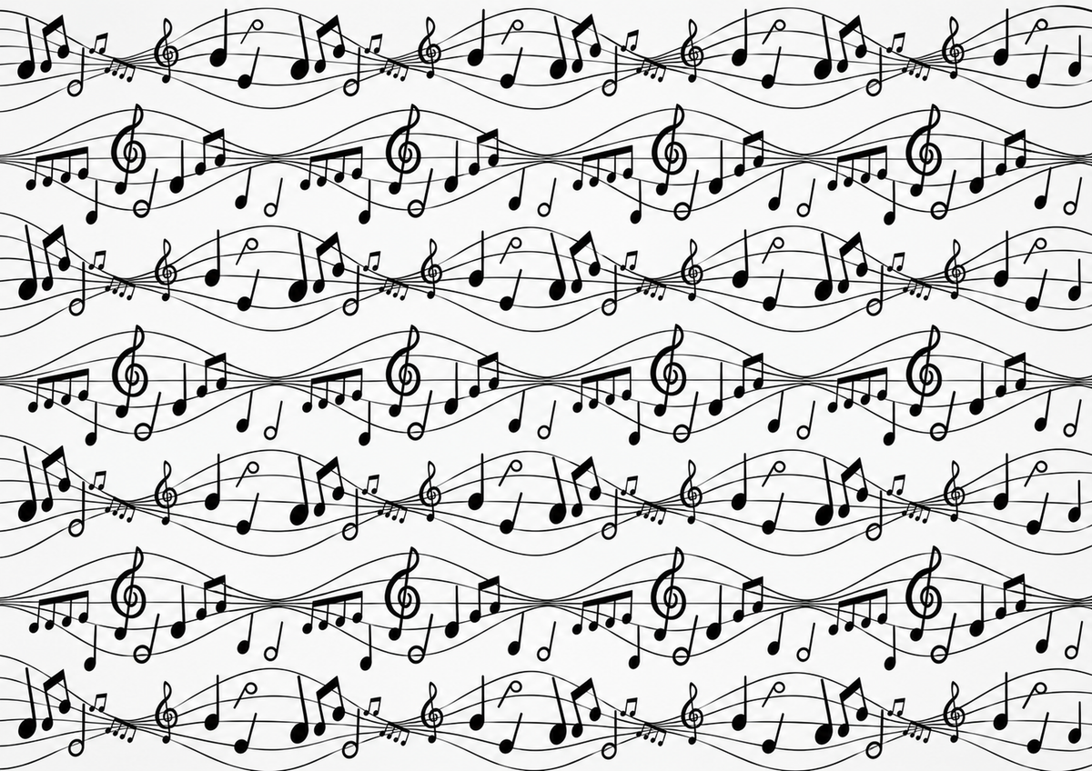 Design 2 full A4 black and white musical notes cake wrap pattern with treble clefs and wavy staff lines