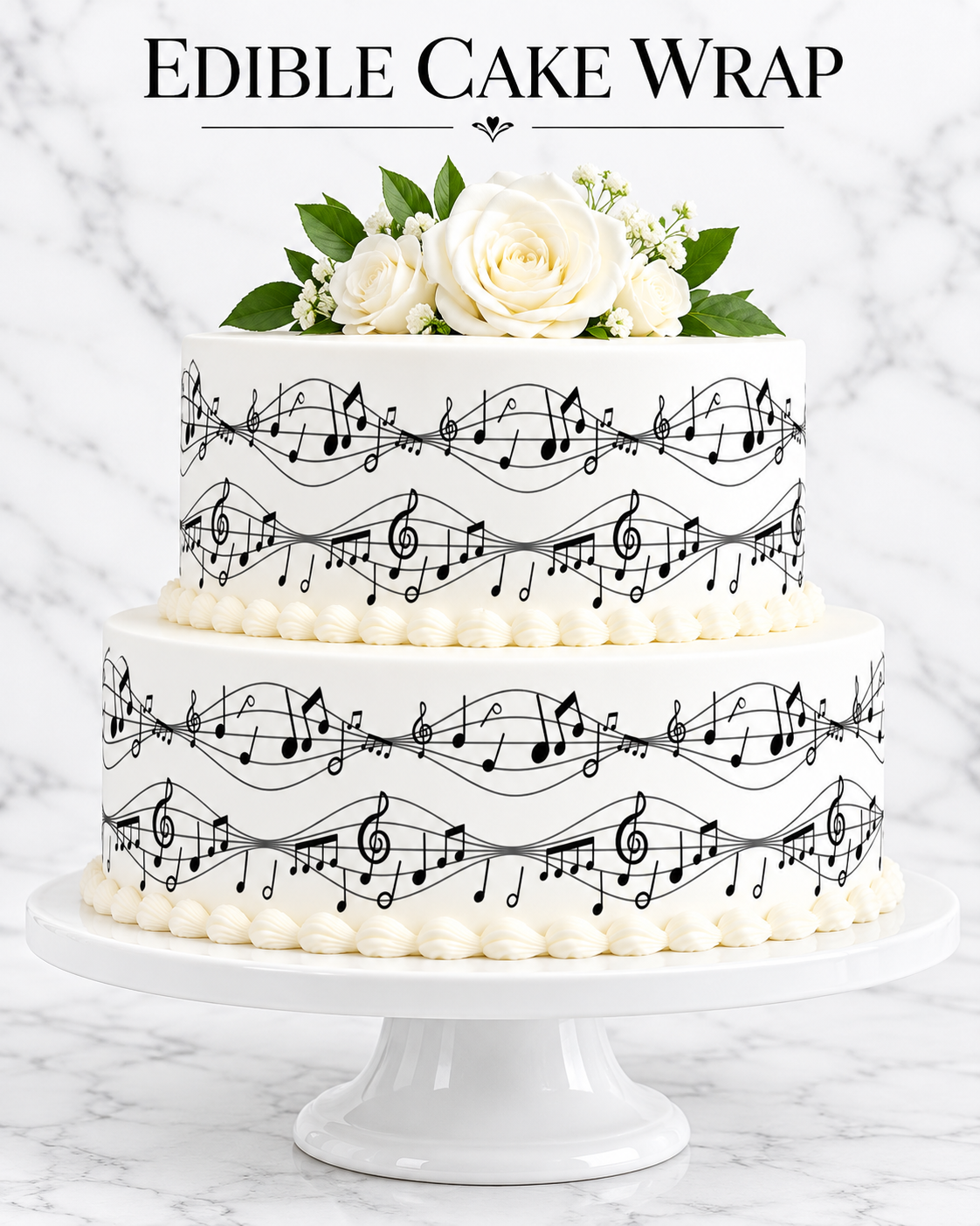 Two-tier white cake decorated with black music notes edible cake wrap, white sugar roses and a white porcelain stand
