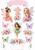 Pastel fairy edible cake topper designs with a number one, butterflies, flowers and blank pink plaques.