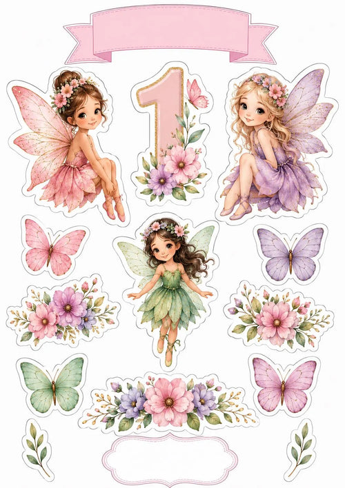 Essbare Feen-Tortendekoration: Pastellfeen, Zahl eins, Schmetterlinge, Blumen und leere rosa Schilder.