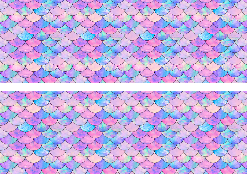 Design 1 two pastel mermaid scales edible cake wrap strips on A4 landscape separated by a white centre gap