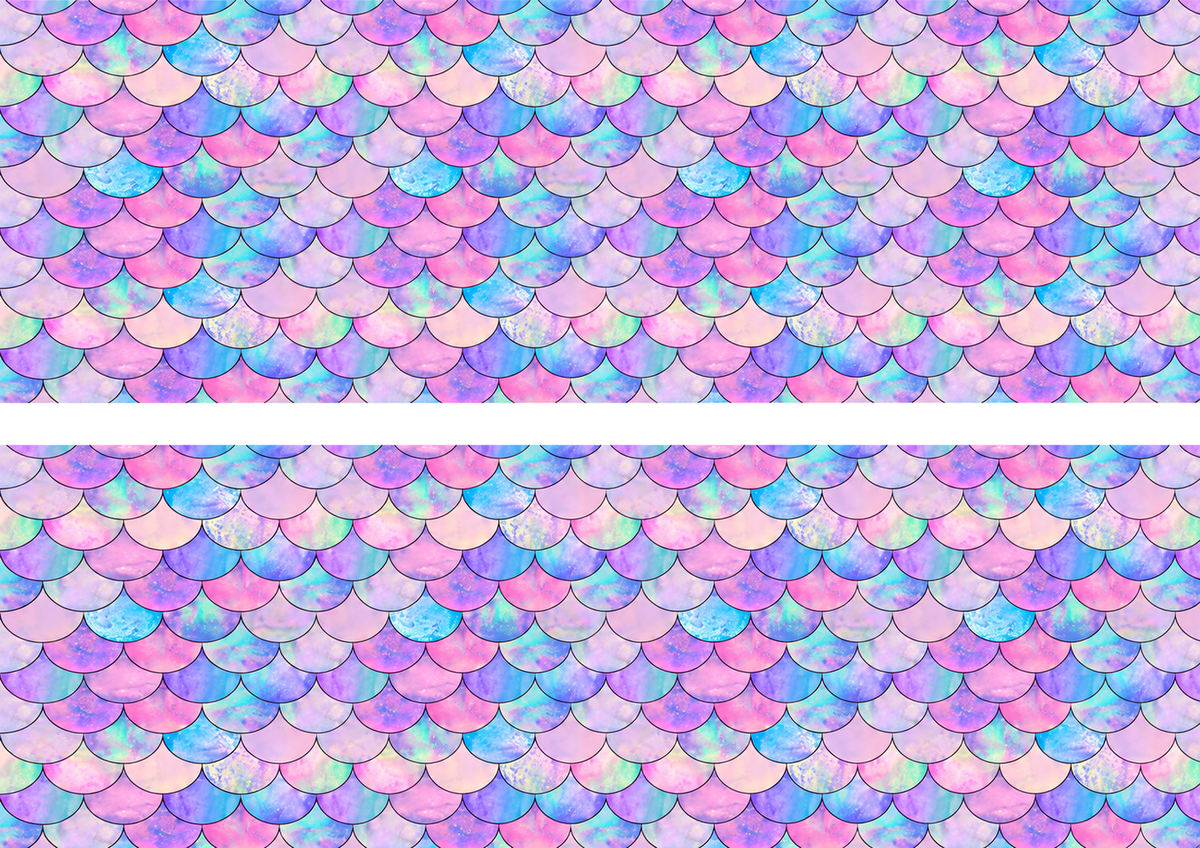Design 1 two pastel mermaid scales edible cake wrap strips on A4 landscape separated by a white centre gap