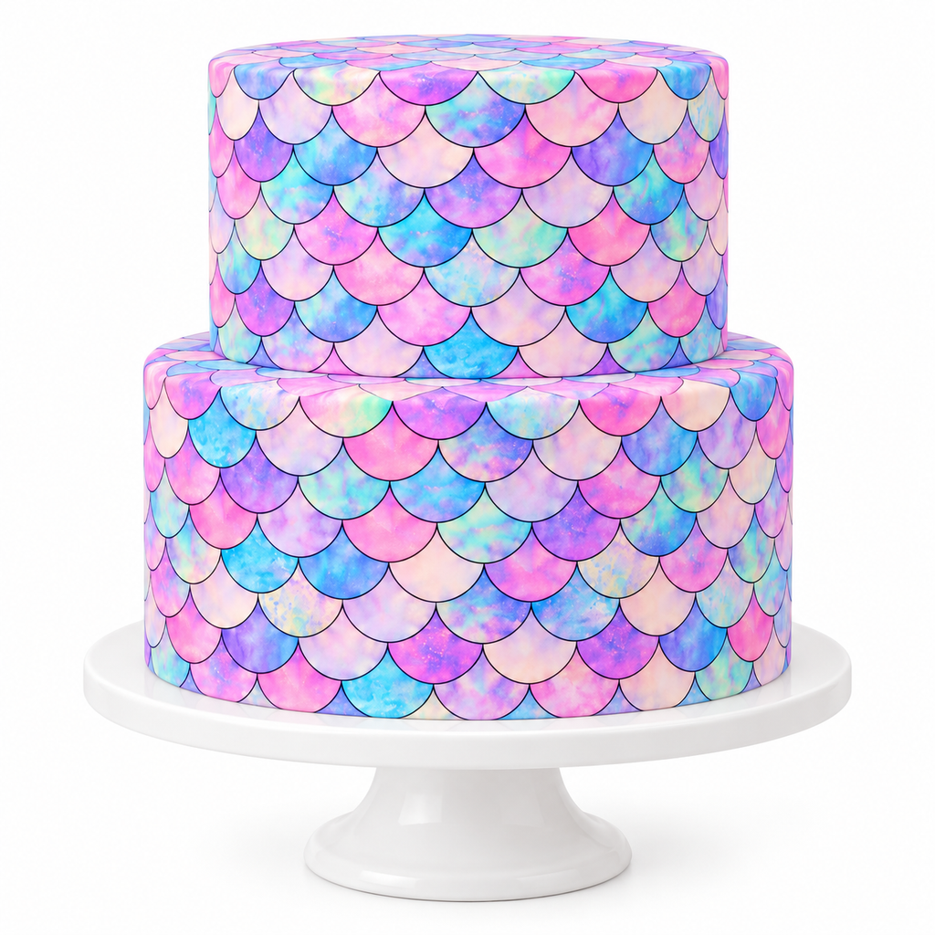 Two-tier cake covered with pastel pink purple and blue mermaid scales on a white stand
