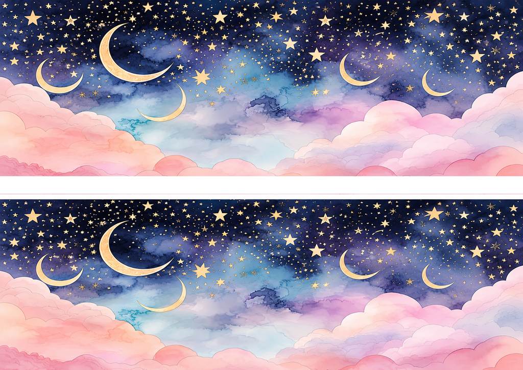 Design 1: two panoramic moon and golden stars edible cake wrap strips on A4 horizontal sheet with one centimetre central separation