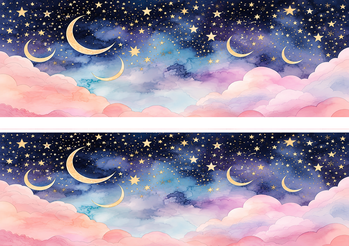 Design 1: two panoramic moon and golden stars edible cake wrap strips on A4 horizontal sheet with one centimetre central separation