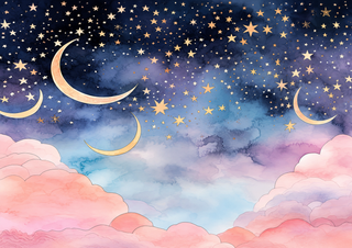 Design 2 – Pastel Moon Stars Edible Cake Wrap – Dark Sky Pink Clouds A4 Cake Border