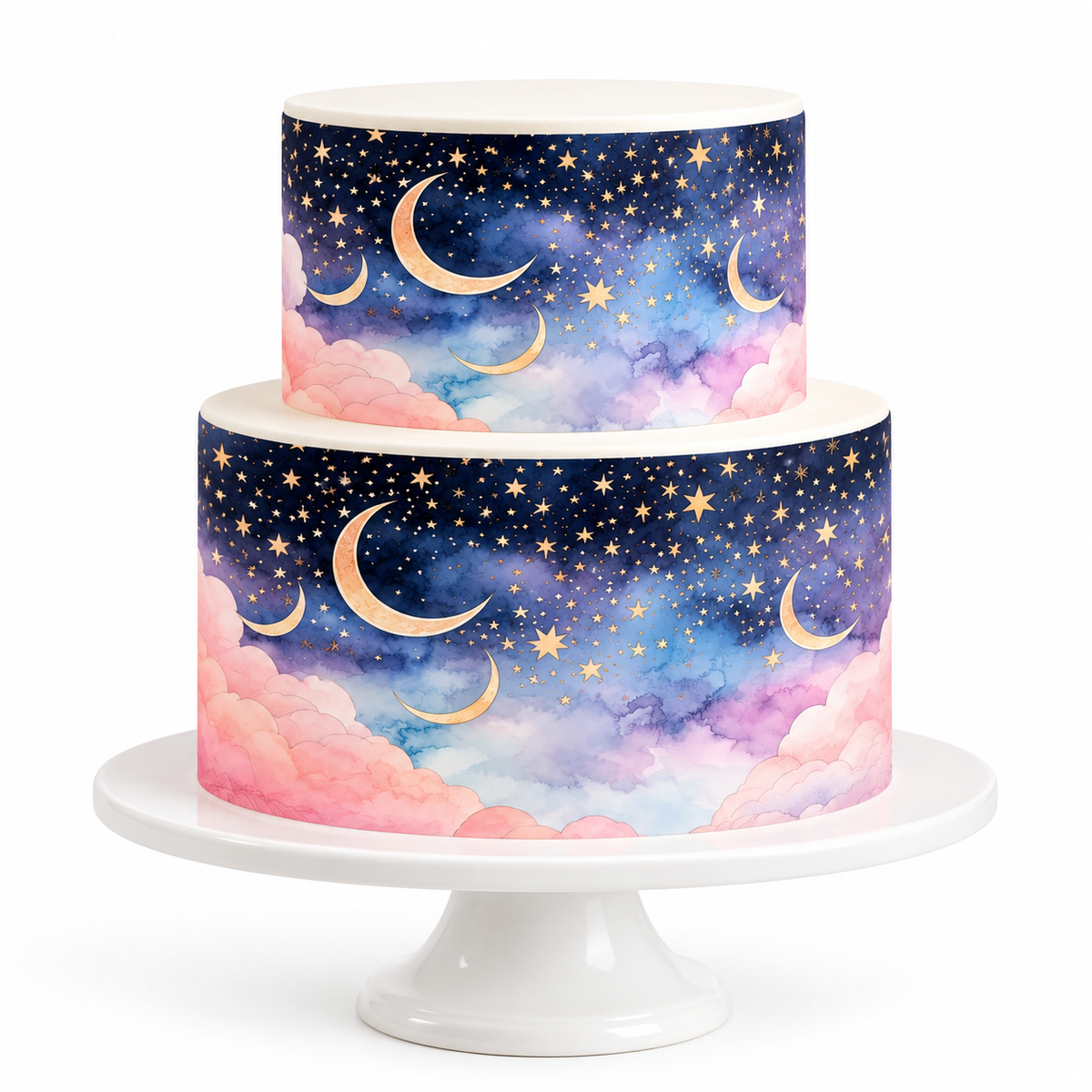 Two-tier cake decorated with pastel celestial moon and gold stars edible wrap on white stand