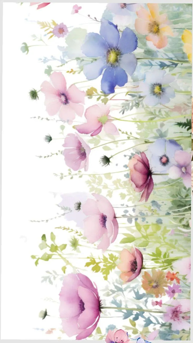 Pastel pink, blue and yellow wildflowers with green stems for an edible A4 floral cake wrap.