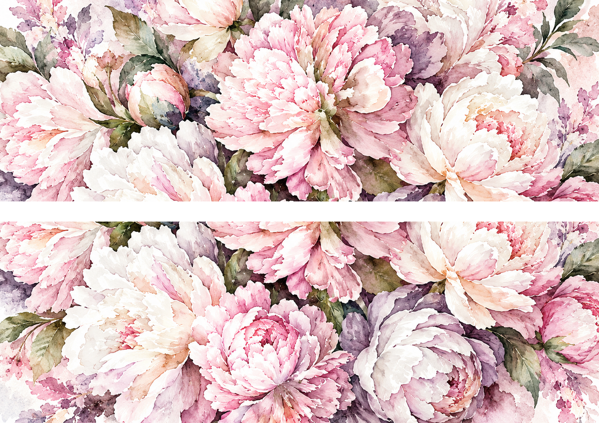 Design 1 two panoramic peony flower edible cake wrap strips on A4, approximately 29.7 by 10 cm each with 1 cm white separation