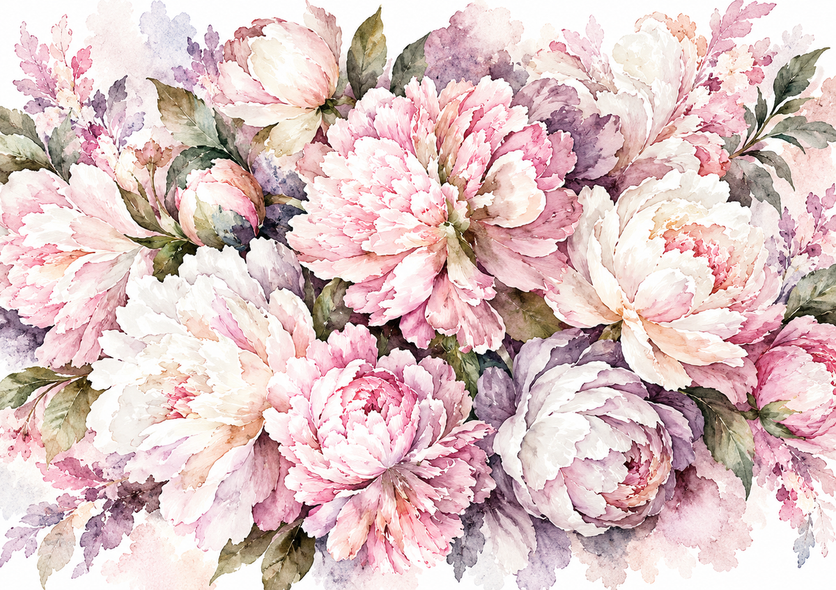Design 2 full A4 landscape peony watercolor edible cake wrap with pink lilac and ivory blossoms