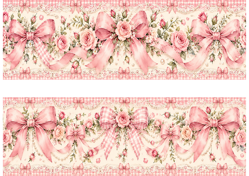 A4 pink coquette bow edible cake wrap with two approximately 29 x 9.5 cm strips and 2 cm white gap