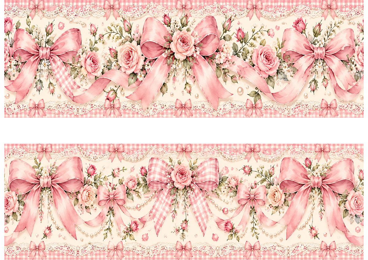 A4 pink coquette bow edible cake wrap with two approximately 29 x 9.5 cm strips and 2 cm white gap