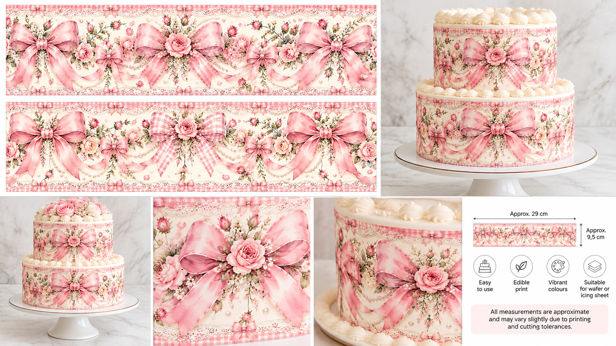 Pink Coquette Bows edible cake wrap collage with floral bow strips, decorated cakes and approximate measurements