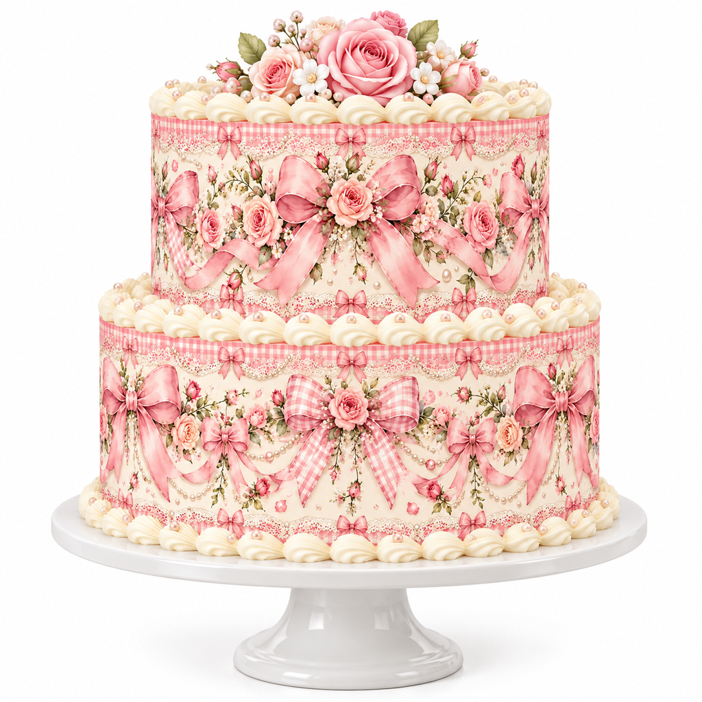 Two-tier cake with vintage pink coquette bow and rose edible cake wrap on white pedestal