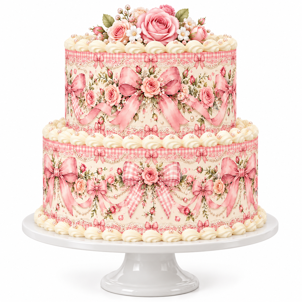 Two-tier cake with vintage pink coquette bow and rose edible cake wrap on white pedestal