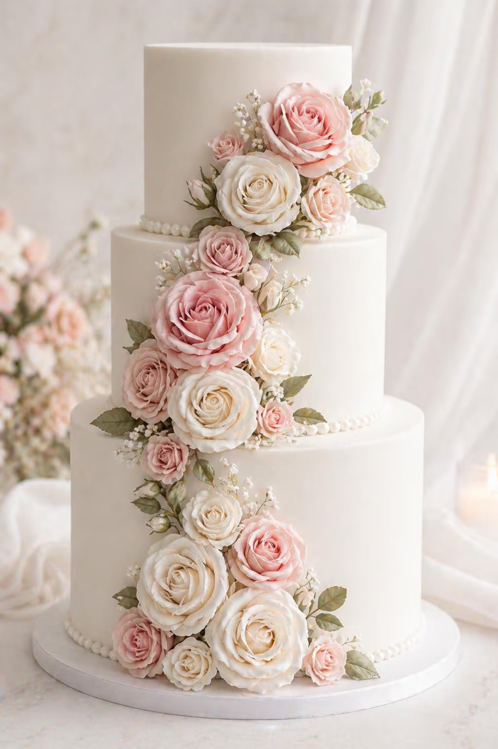 Pink and ivory handmade sugar roses decorating a tiered wedding cake.
