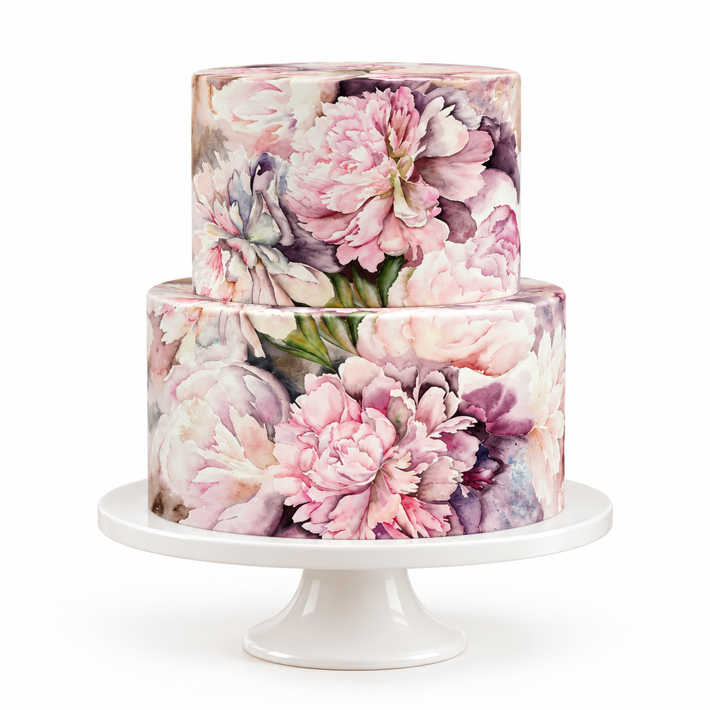 Two-tier cake decorated with romantic pink and lilac watercolor peony edible cake wraps on a white pedestal