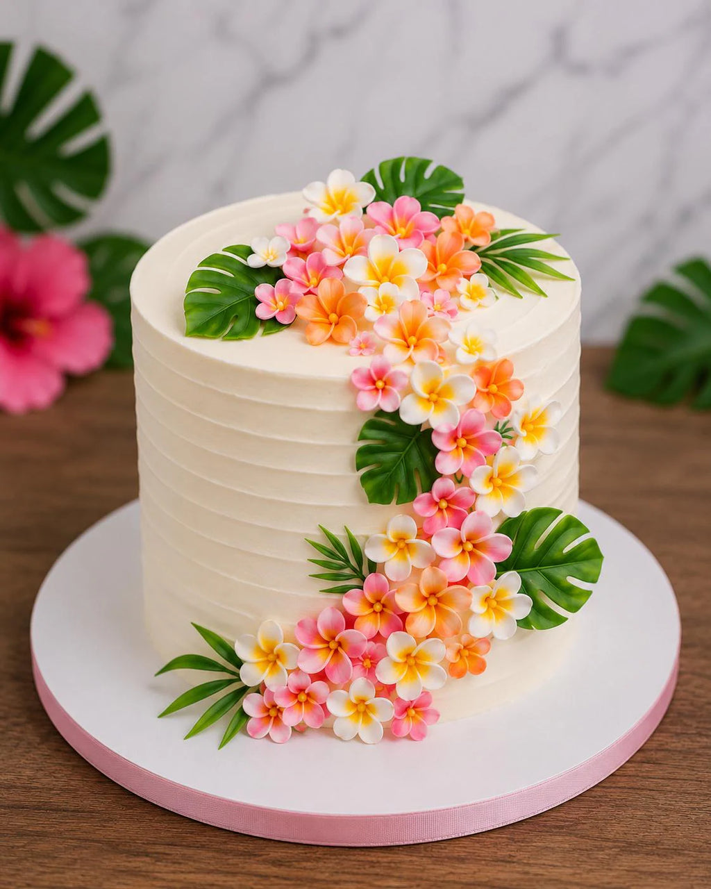 Handmade edible plumeria sugar flowers for tropical cake decoration, image 3.