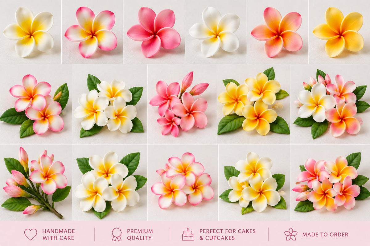 Handmade edible plumeria sugar flowers for tropical cake decoration, image 4.
