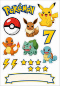 Pokémon edible cake topper sheet with Pikachu, Eevee, starter characters, stars and lightning bolts.