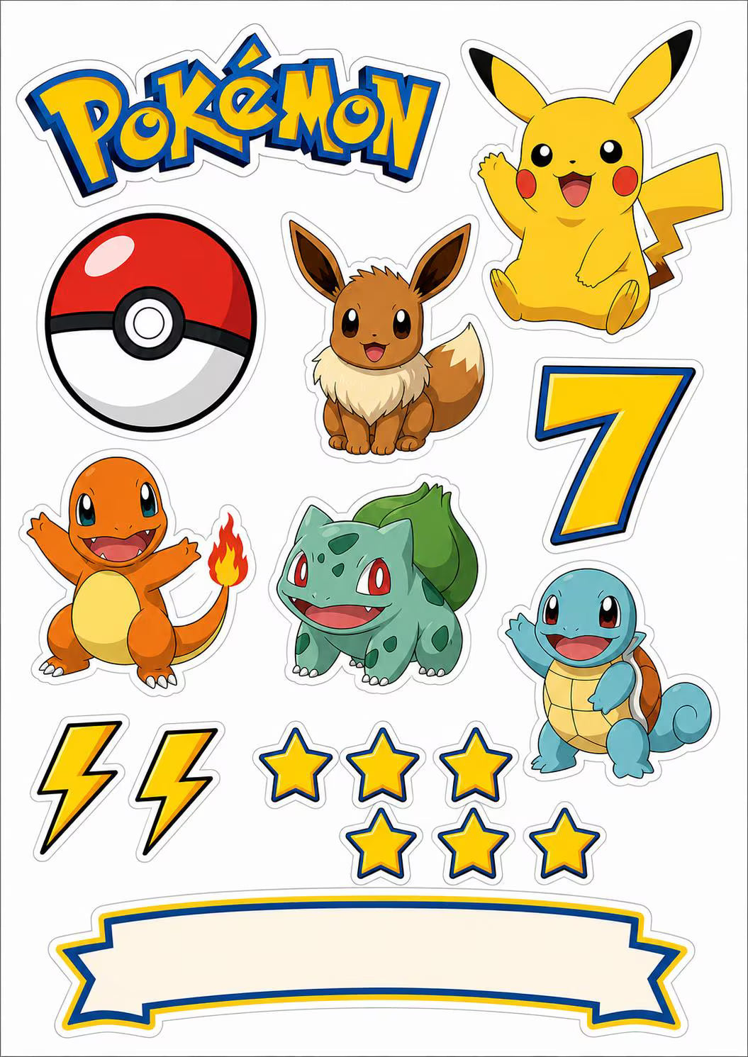 Pokémon edible cake topper sheet with Pikachu, Eevee, starter characters, stars and lightning bolts.