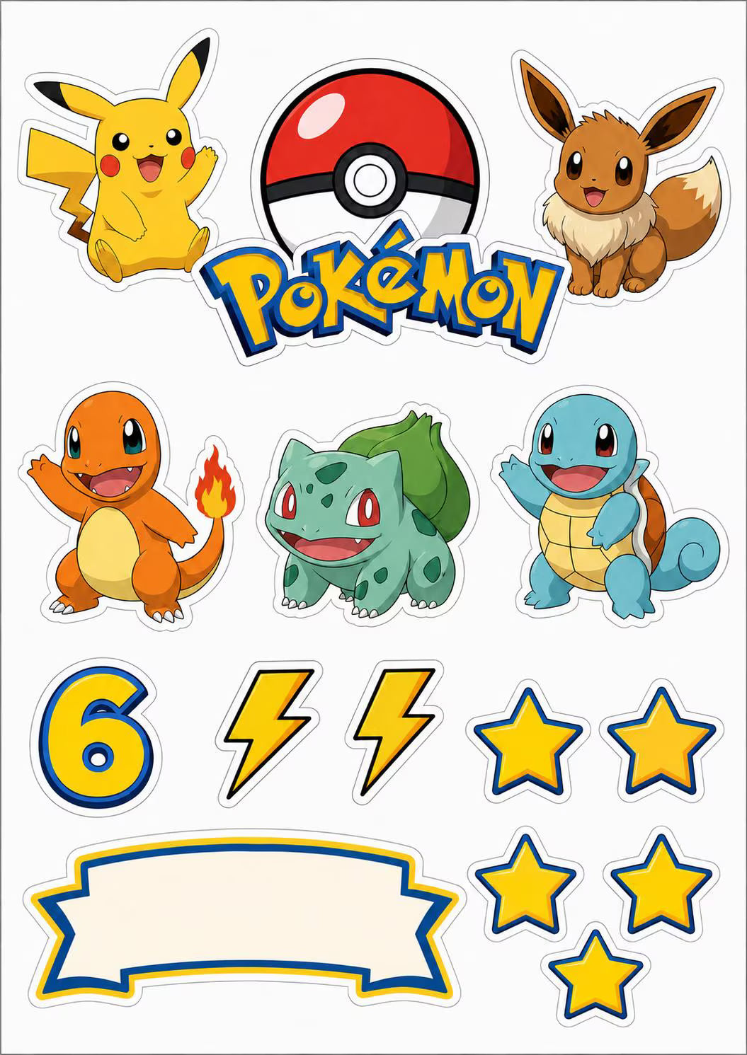 Pokémon edible cake topper design with Pikachu, Eevee, Bulbasaur, Charmander and Squirtle.
