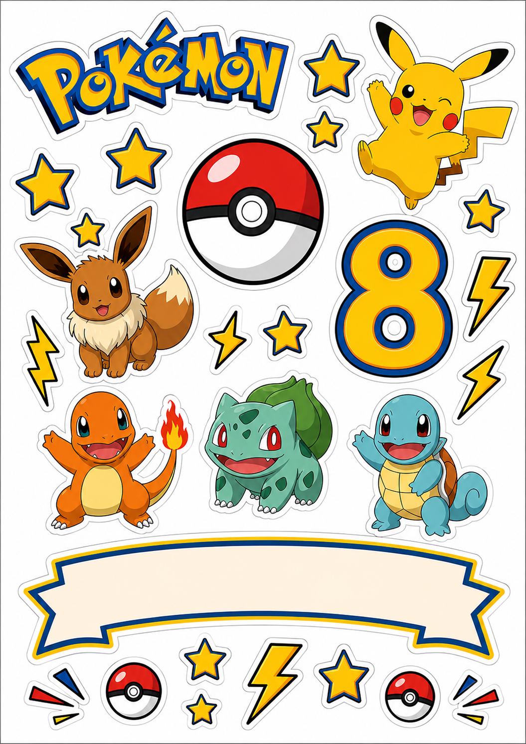 Pokémon edible cake topper sheet with characters, yellow stars, lightning bolts and a blank banner.