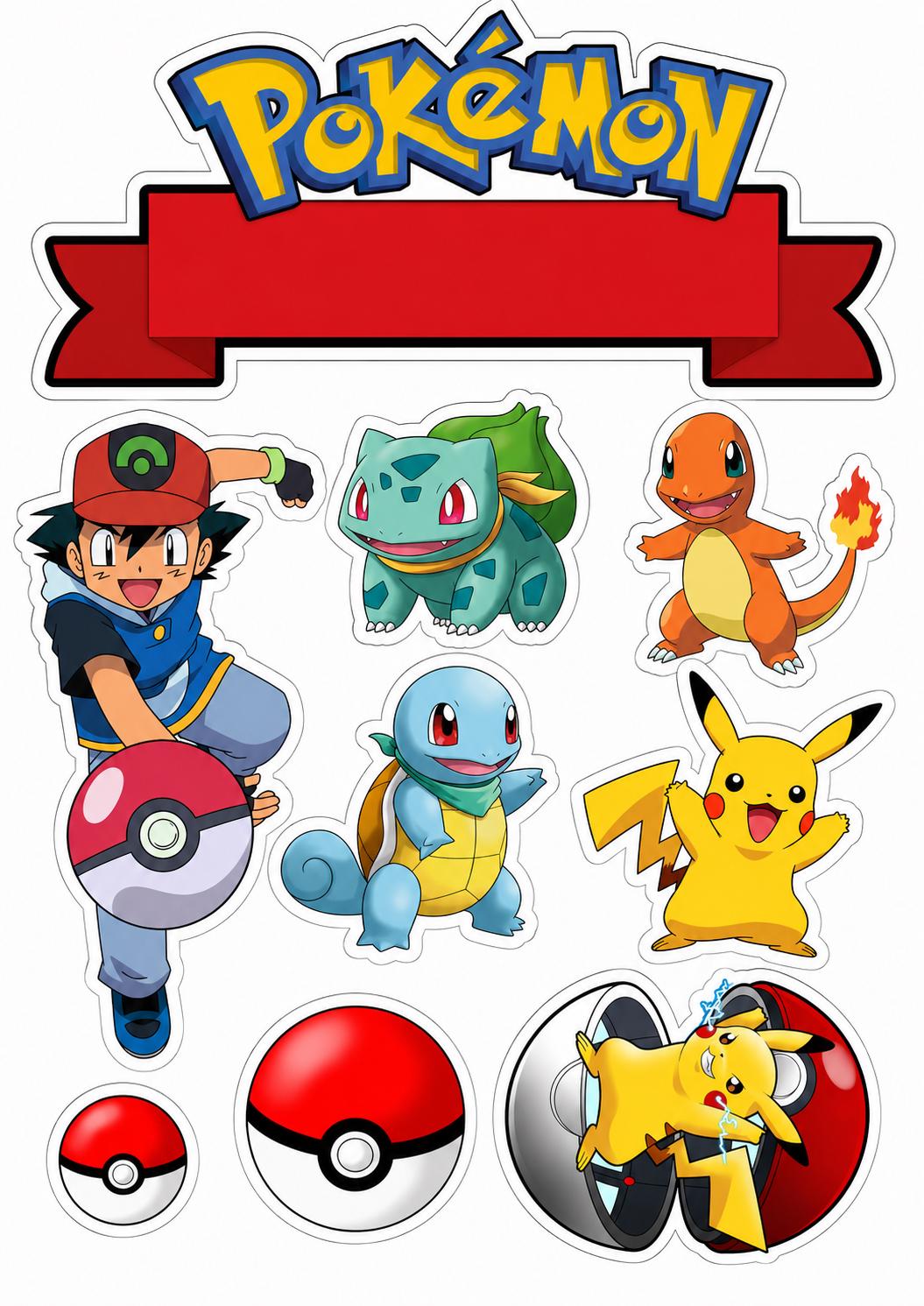 Pokémon edible cake topper design with Ash, Pikachu, starter characters and Poké Balls.