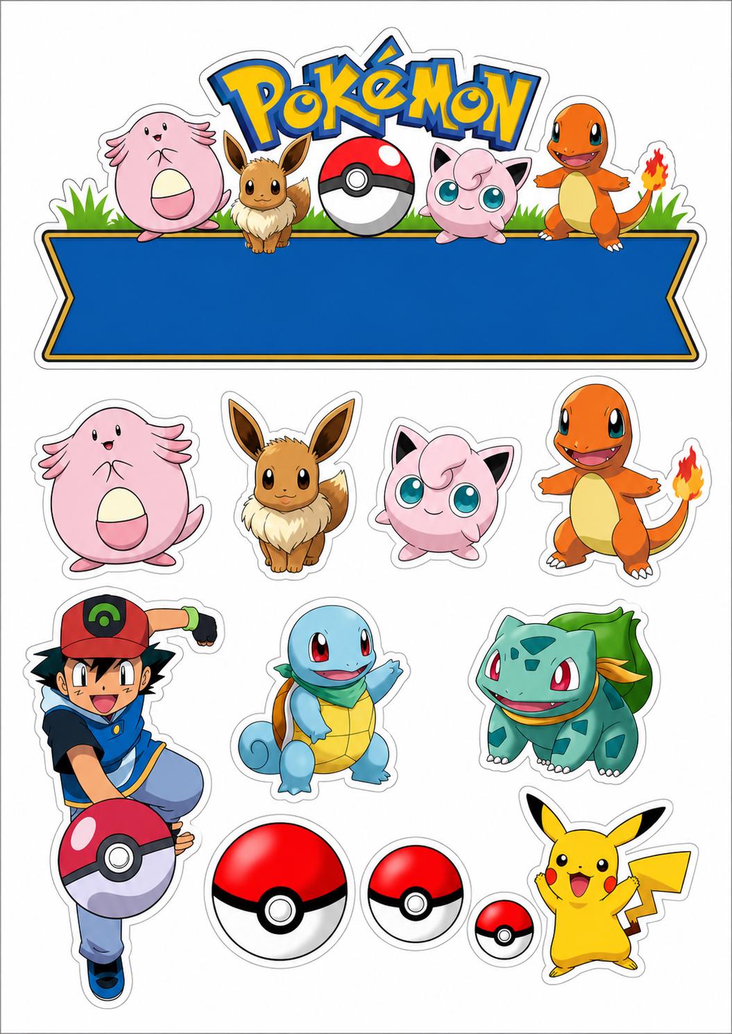 Pokémon edible cake topper sheet with characters and a blue name banner.