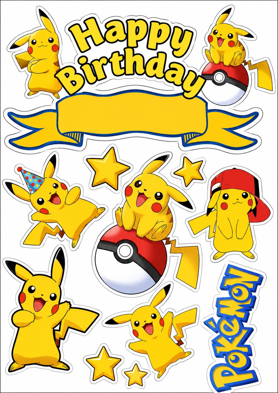 Pikachu edible cake topper sheet with a Happy Birthday banner, stars and Poké Balls.