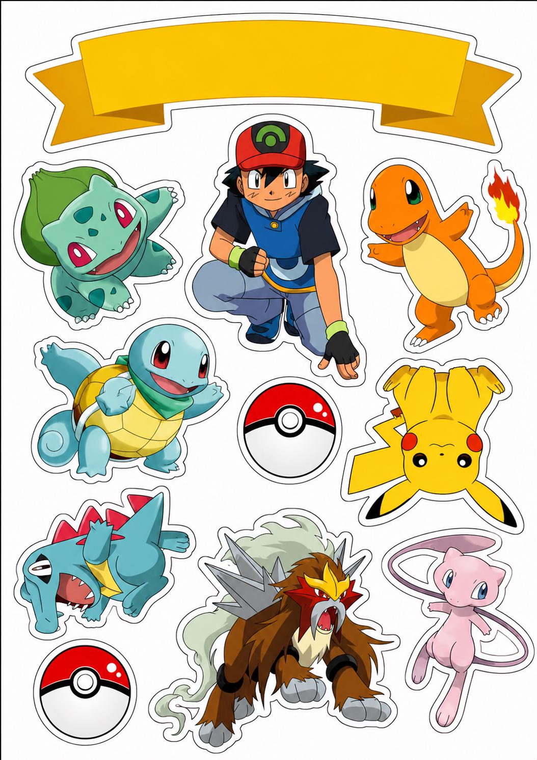 Pokémon edible cake topper sheet with Ash, characters and a yellow banner.