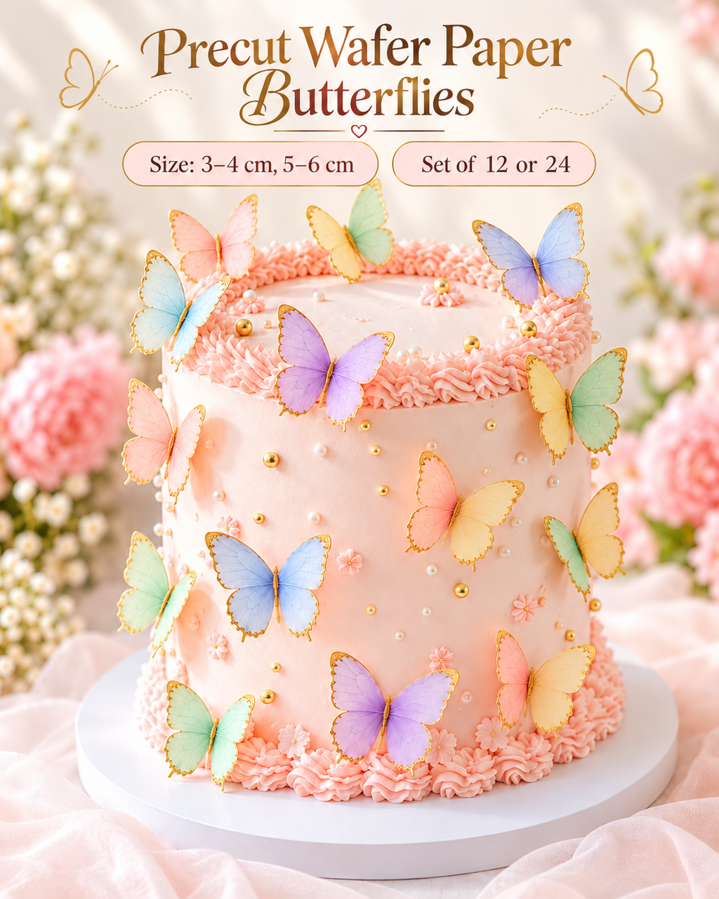 Precut edible wafer paper butterfly cake toppers for cakes and cupcakes.