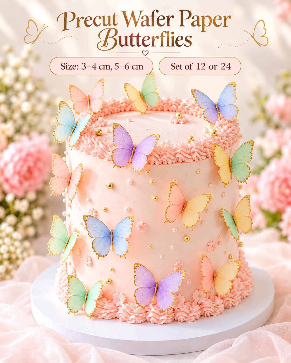 Precut edible wafer paper butterfly cake toppers for cakes and cupcakes.