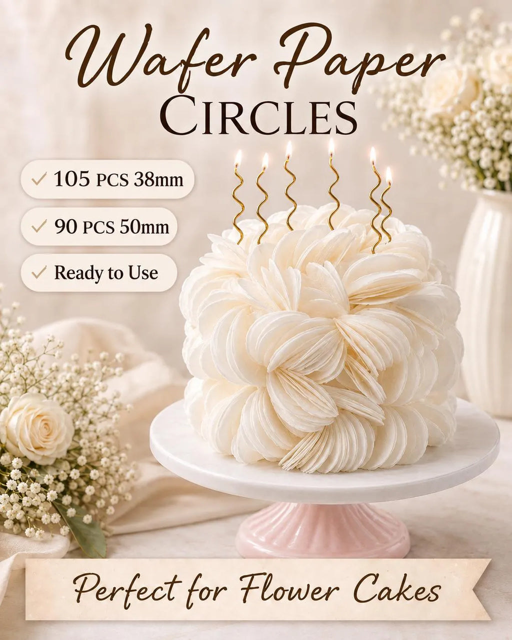 White precut edible wafer paper circles for cake and cupcake decorations.