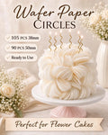 White precut edible wafer paper circles for cake and cupcake decorations.