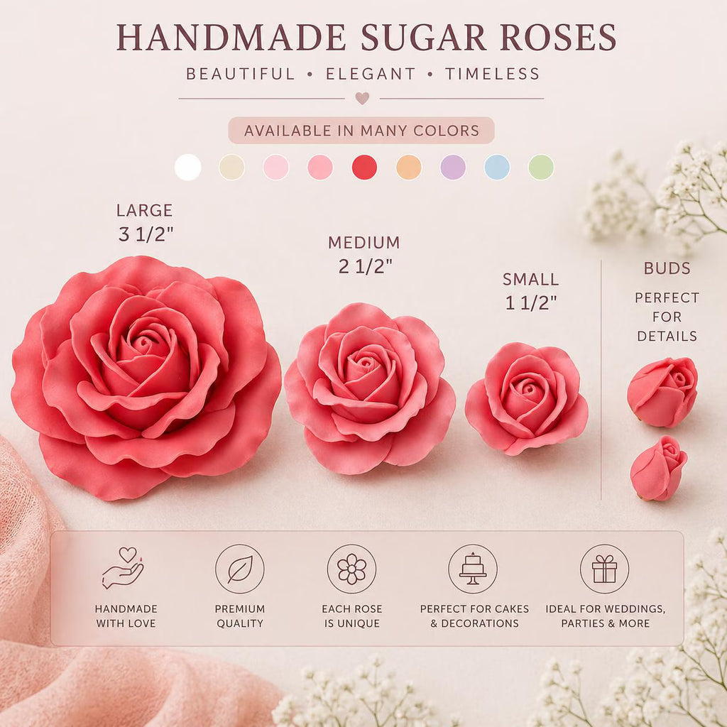 Red handmade sugar roses and rosebuds shown in different sizes.