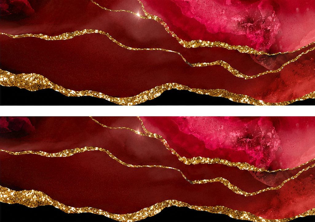 Design 1 two ruby red black and gold-effect marble cake wrap strips on A4 landscape with 1 cm central white gap