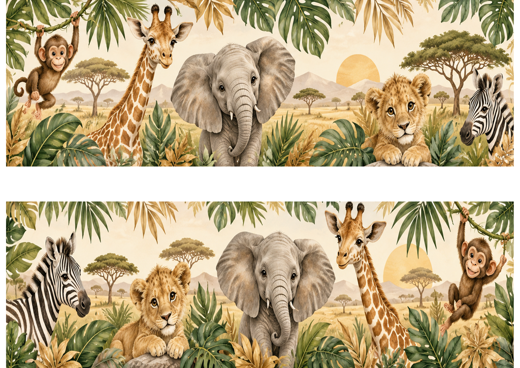 A4 edible safari cake wrap design with two animal jungle strips each 29 x 9.5 cm, separated by 2 cm of white space