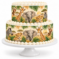 Two-tier round safari birthday cake featuring a lion cub, elephant, giraffe, monkey and zebra watercolor edible cake wrap on a white cake stand