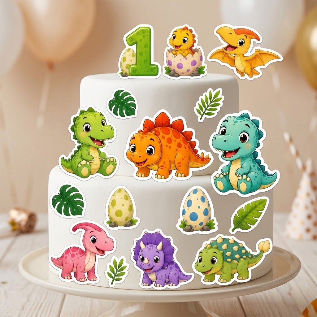 Edible dinosaur cake topper design printed on wafer paper or icing sheet for themed birthday cakes.