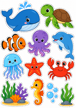 Design 1 – Under the Sea Edible Cake Toppers / Ocean Animals Cake Topper