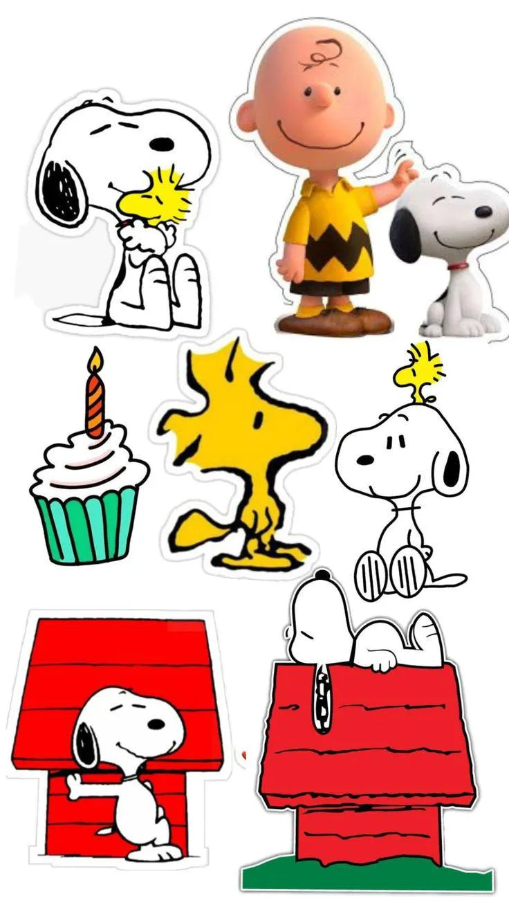 Edible topper designs of Snoopy, Charlie Brown and Woodstock, with a candle-topped cupcake and two red doghouse scenes.