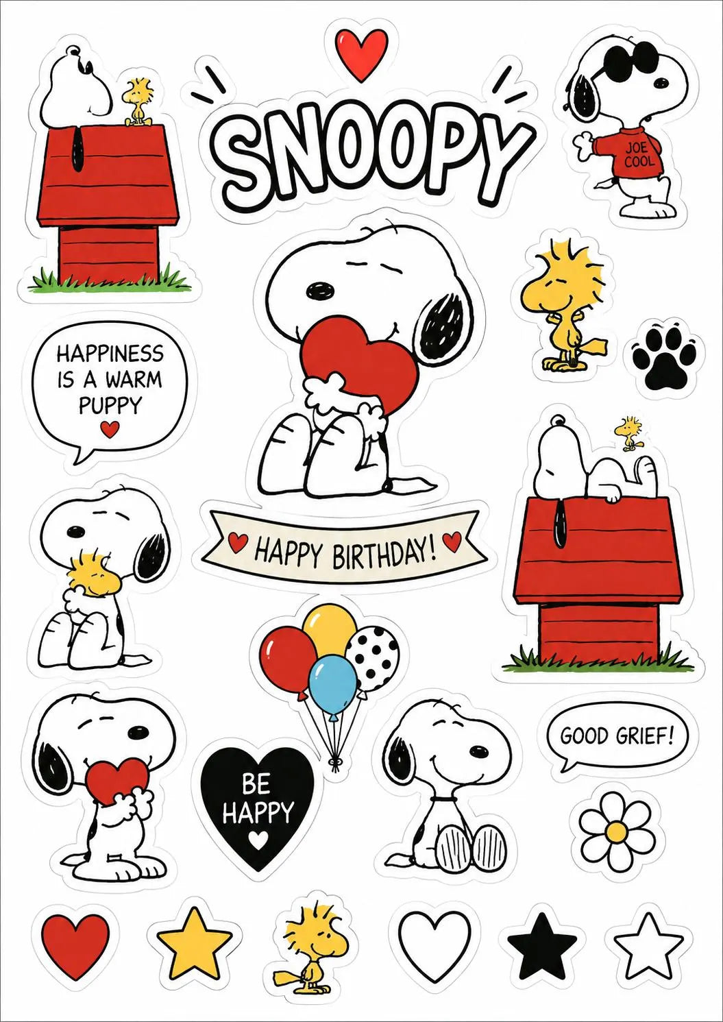Snoopy and Woodstock edible topper sheet with a Snoopy wordmark, birthday banner, speech bubbles, red hearts, stars and doghouses.