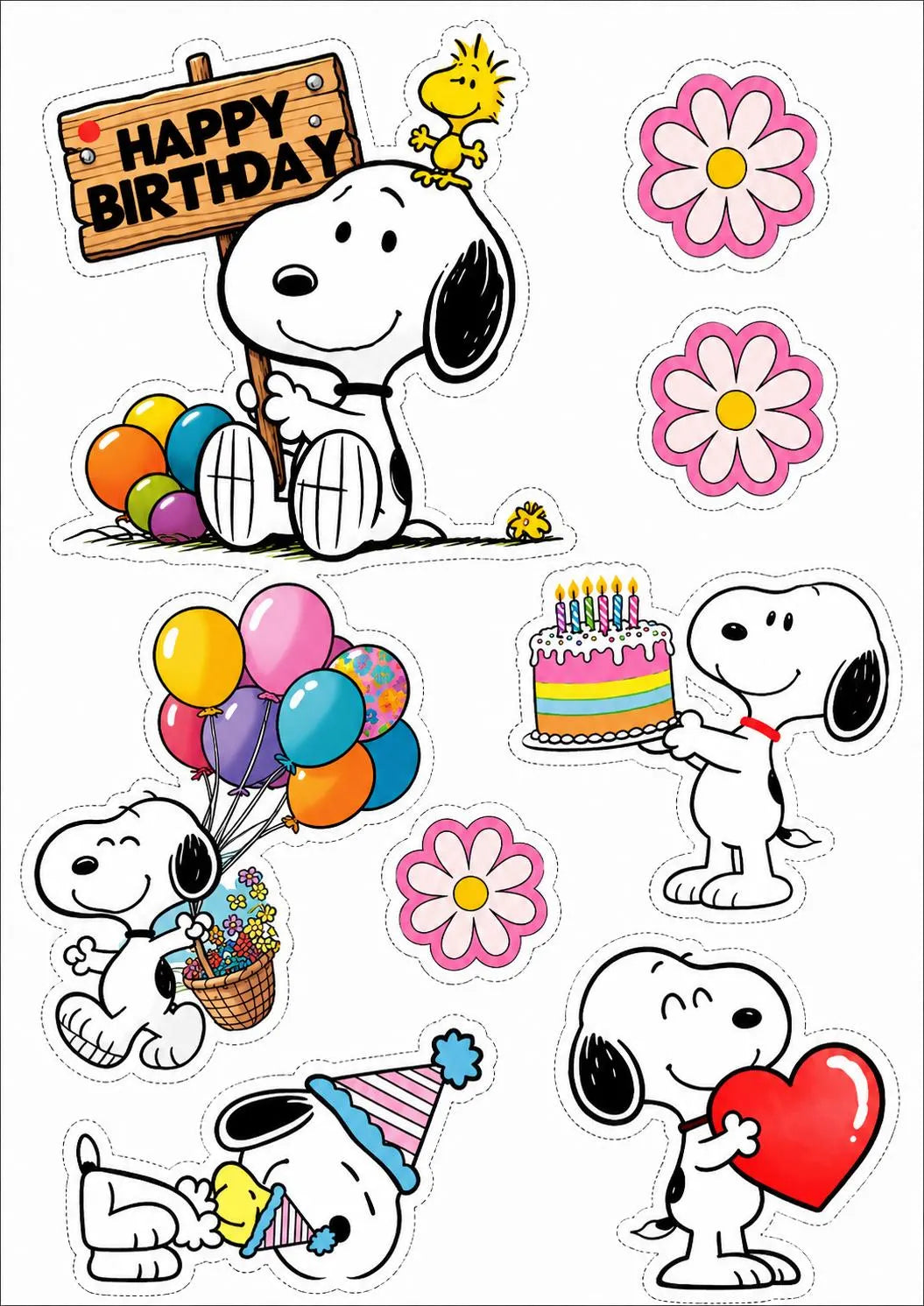Snoopy edible topper designs with a wooden-style birthday sign, pink flowers, a rainbow cake, balloons and a red heart.