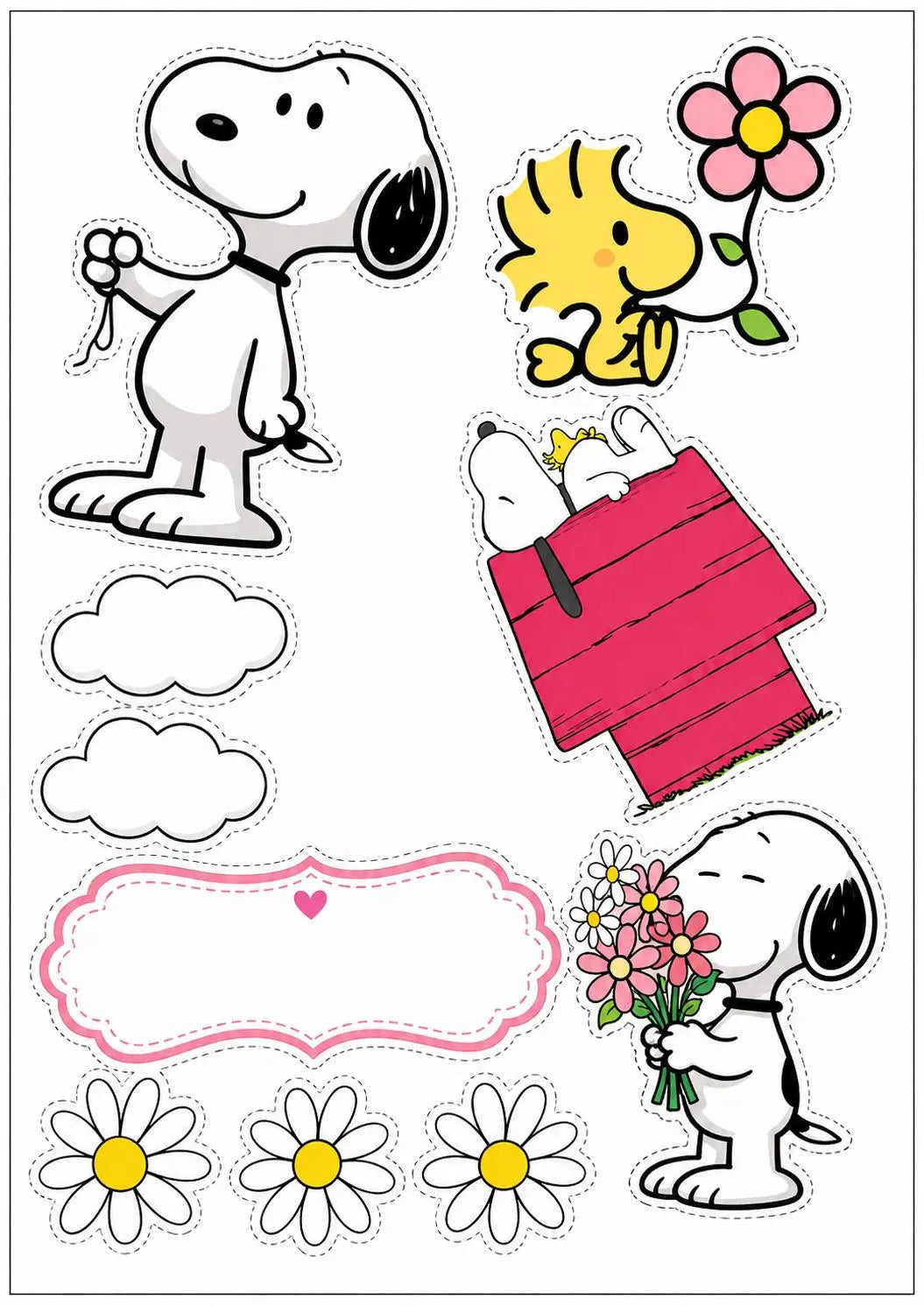 Snoopy and Woodstock edible topper designs with a pink doghouse, bouquet, daisies, clouds and a blank pink-bordered label.