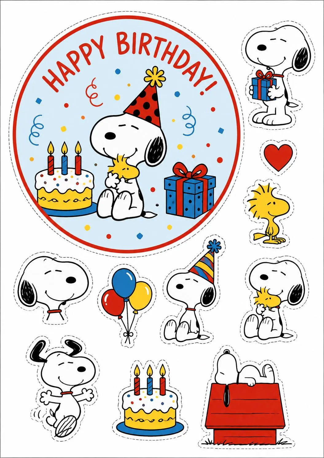 Snoopy edible topper sheet with a large round blue birthday design, separate Snoopy figures, Woodstock, balloons, cake, gift and doghouse.